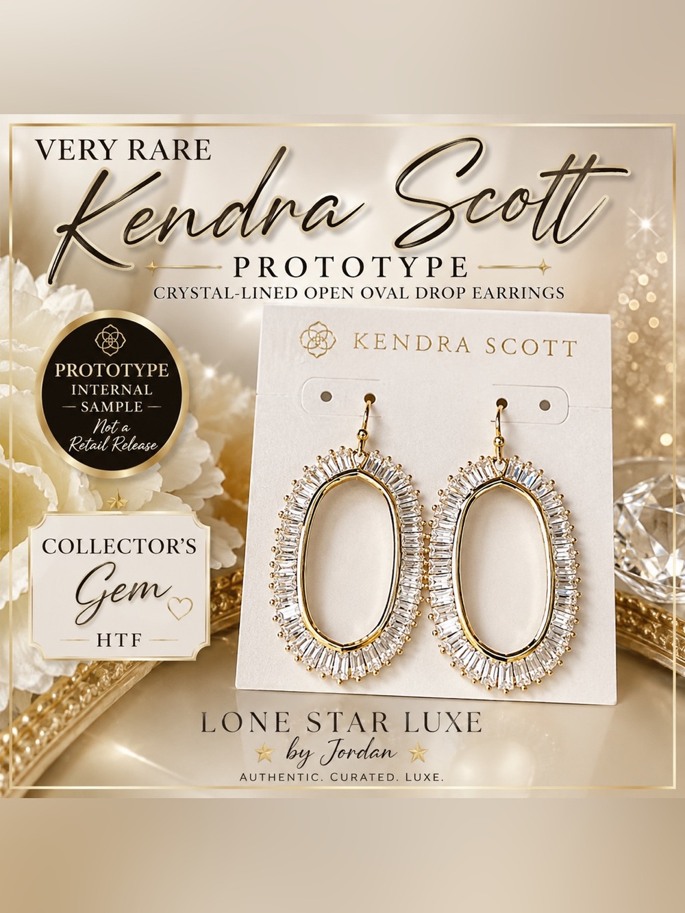 RARE Kendra Scott Prototype Crystal-Lined Open Oval Drop Earrings | Gold